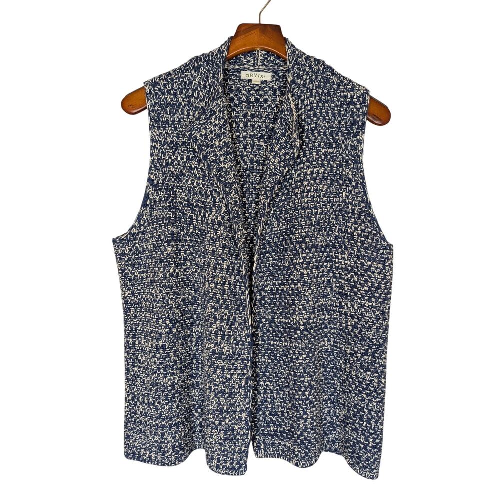 Orvis Womens Basketweave Knit Sweater Vest Cardigan Blue White Nautical Sz Large